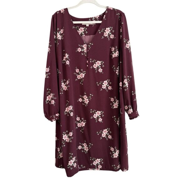 Ann Taylor LOFT Plus Burgundy Floral Swing Button Long Sleeve Dress Size 18 - Picture 1 of 10